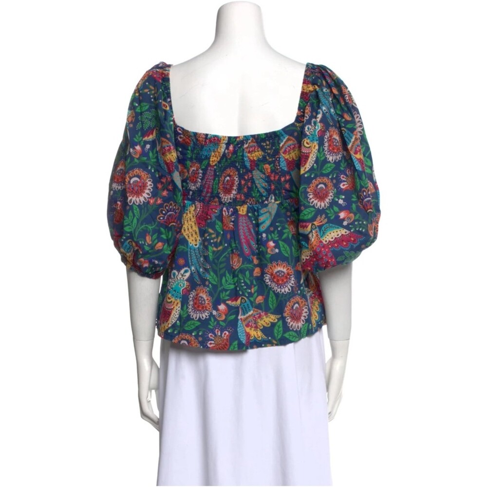 Farm Rio Bird Print Puff Sleeve Blouse 🌿 Teal Tropical Top Size S - Picture 4 of 4